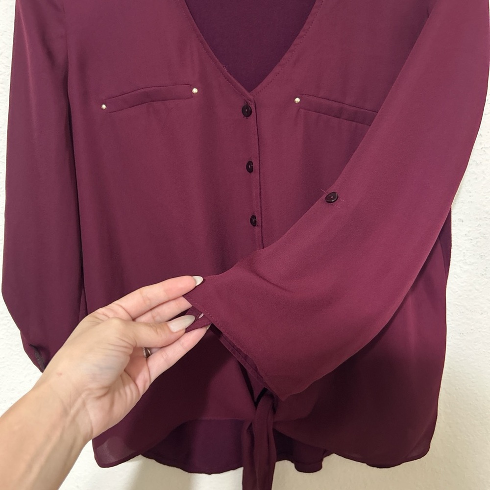 A. Byer Burgundy Front Tie Button Up Blouse Size M - Picture 3 of 7